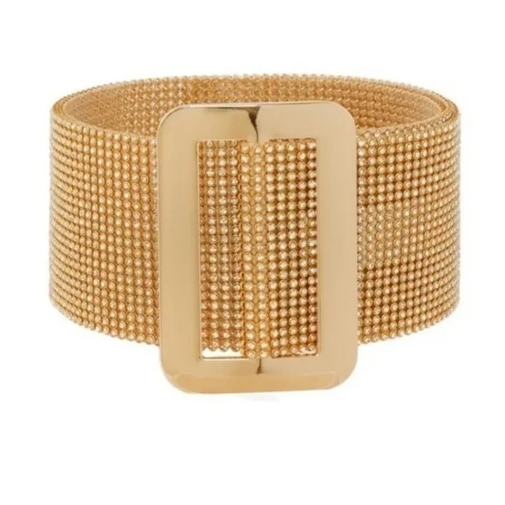 Full Rhinestone Crystal Mesh Pave Wide Belt Black & Silver Adjustable Women's